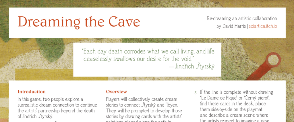 Title for the one-page RPG Dreaming the Cave. white blocks with text on an abstract green and read background. Title is in red text followed by a quote in green text by Jindřich Štyrský "each day death corrodes what we call living, and life ceaselessly swallows our desire for the void."