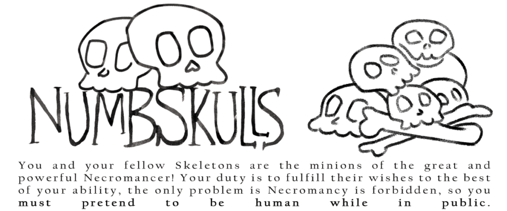 The title of the one-page RPG "Numbskulls. A pile of skulls sits atop and beside the word.