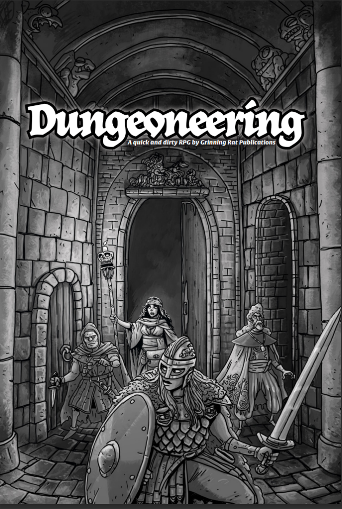 The cover art for Dungeoneering. A fighter, Theif, Wizard, and a Cleric make their way causiously through a heavy stone halway.The cover art for Dungeoneering. A fighter, Theif, Wizard, and a Cleric make their way cautiously through a heavy stone hallway.